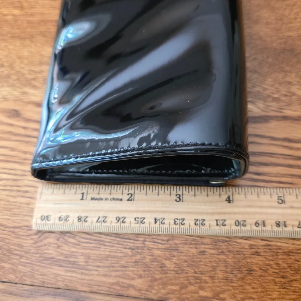 Black Patent Faux Leather Clutch Bag Gold Tone Metal Bar Trim Evening Handbag